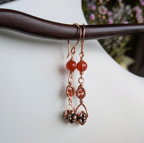 Copper Dangle Earrings Orange-Red Carnelian Agate Artisan Crafted - Picture 13 of 16